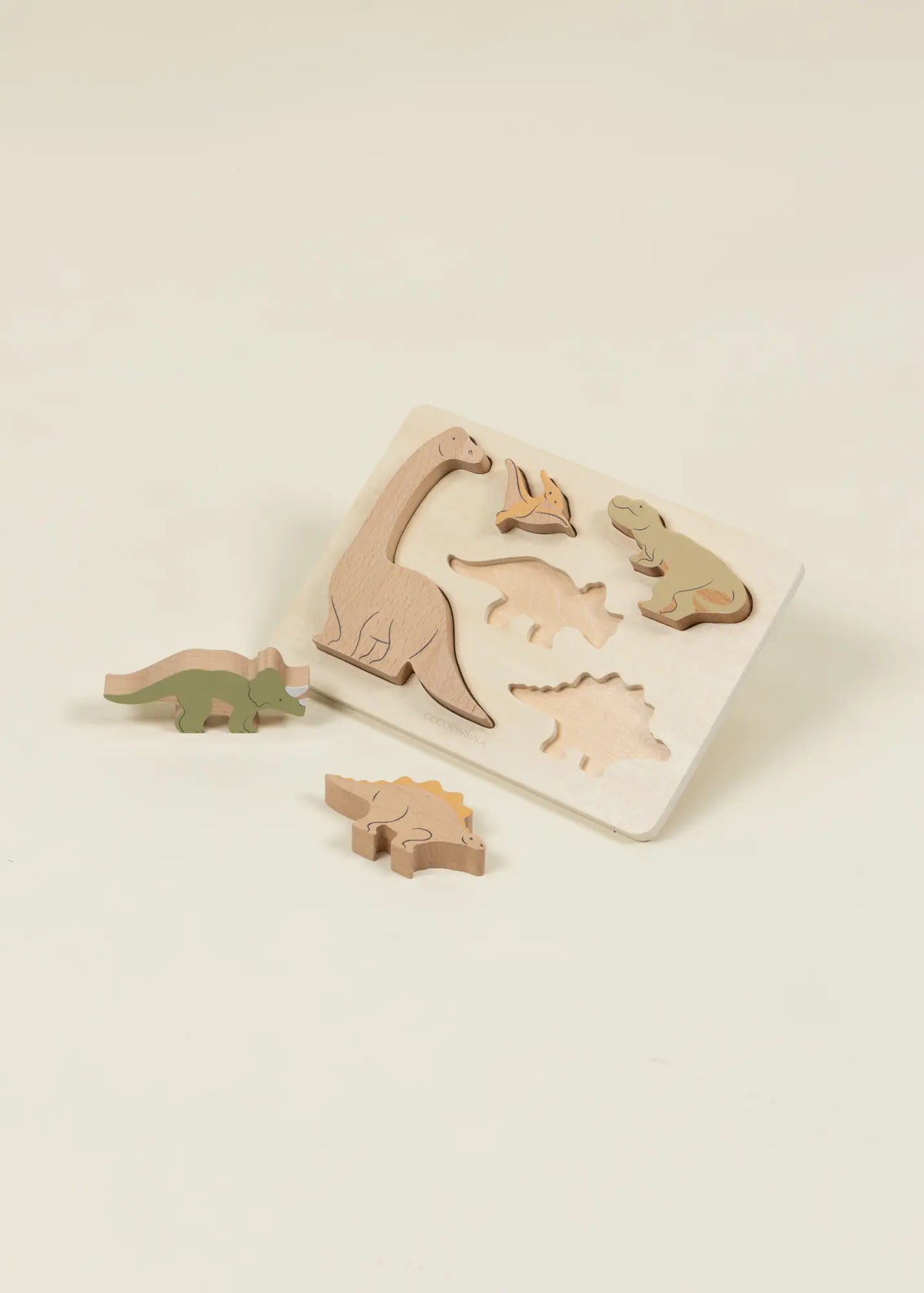 Set of 5 Dinosaurs on Wooden Plate