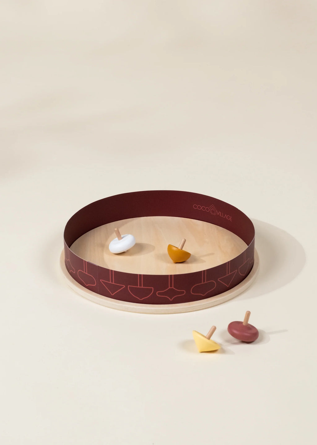 4 Wooden Spinning Tops with Arena