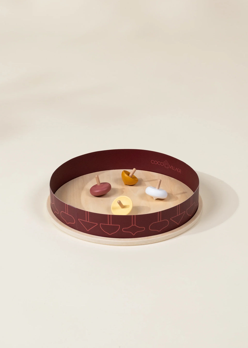 4 Wooden Spinning Tops with Arena