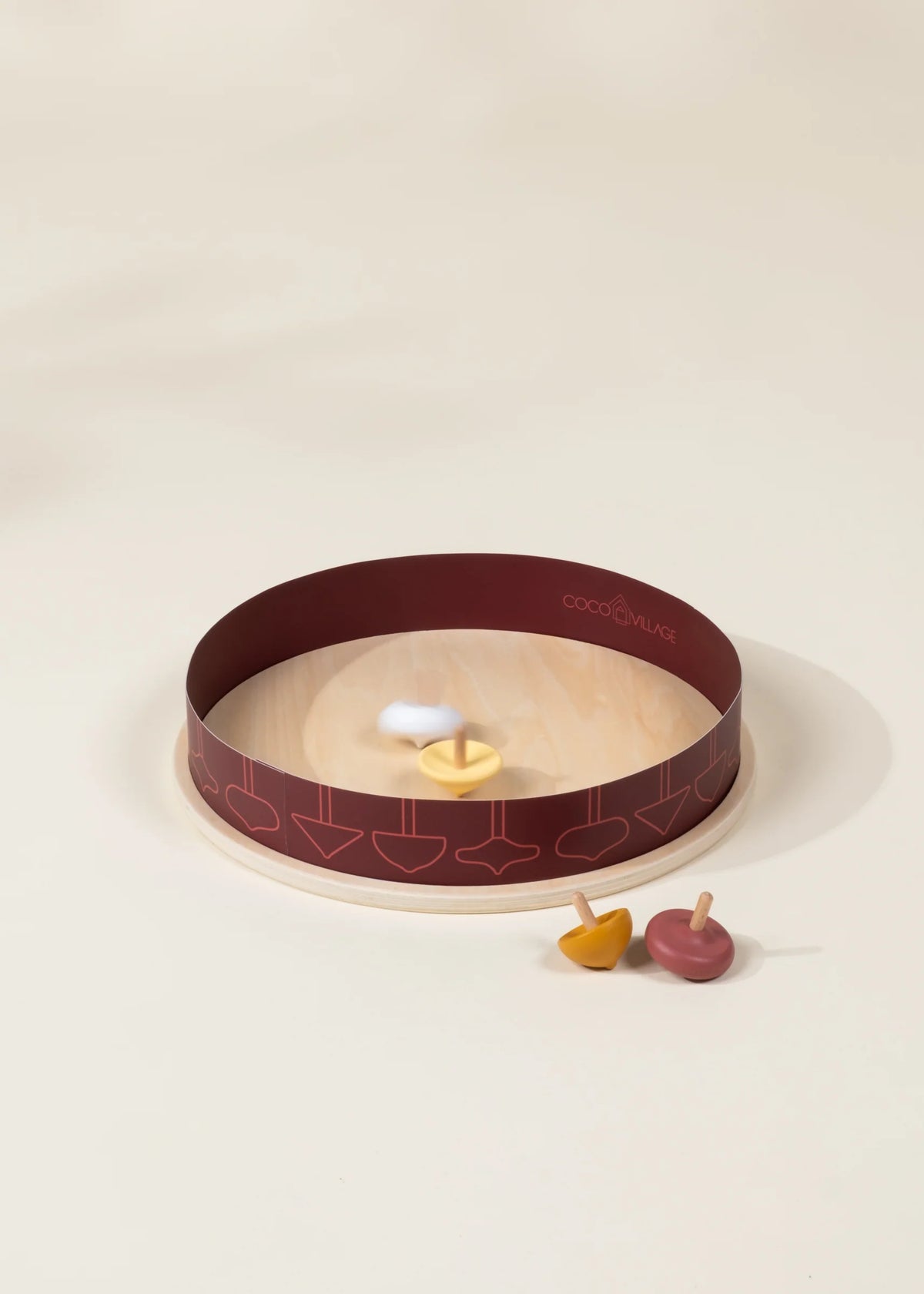4 Wooden Spinning Tops with Arena