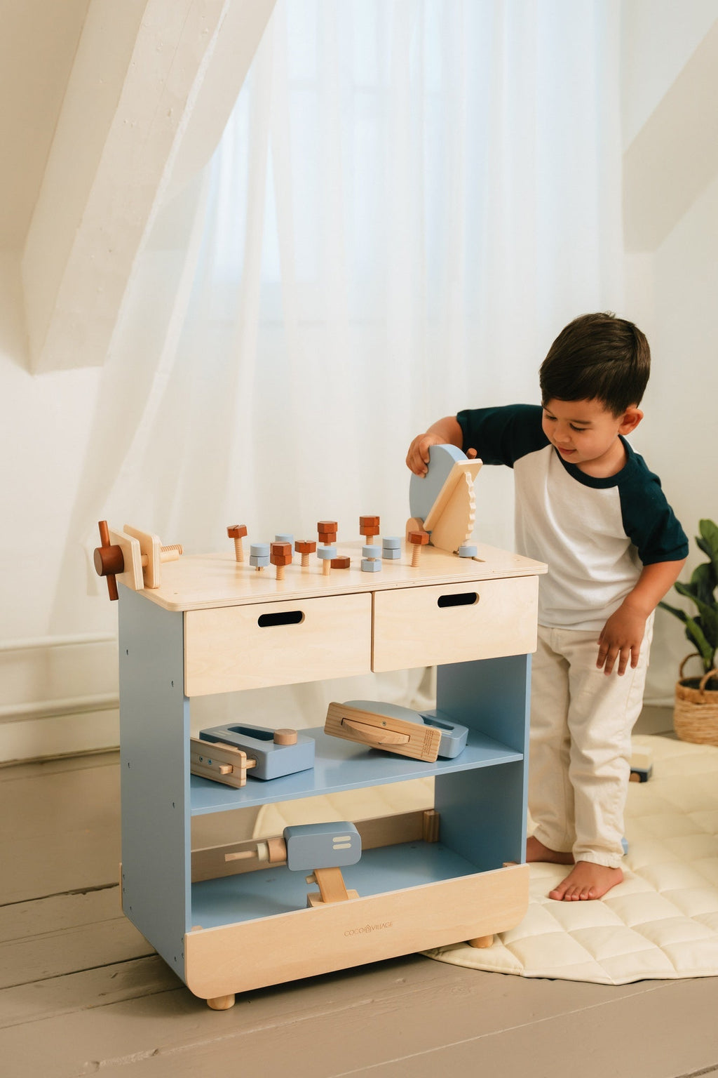 Wooden Play Construction Workbench with Miter Saw